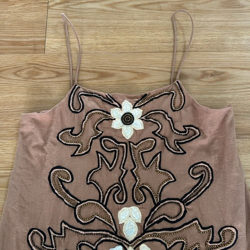 Anthropologie Brown and Cream Floral Embroidered Mini Dress - Picture 5 of 8